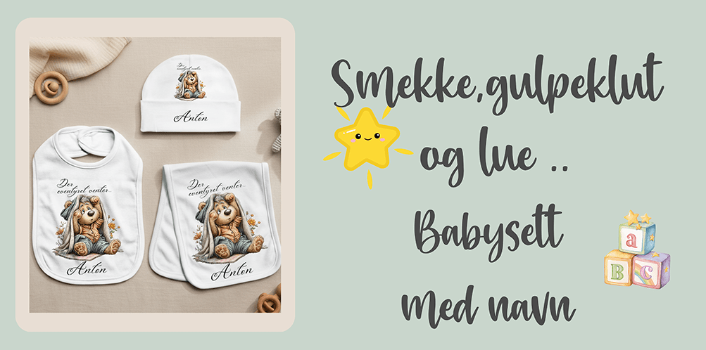 Banner babysett med navn smekke,lue og gulpeklut.