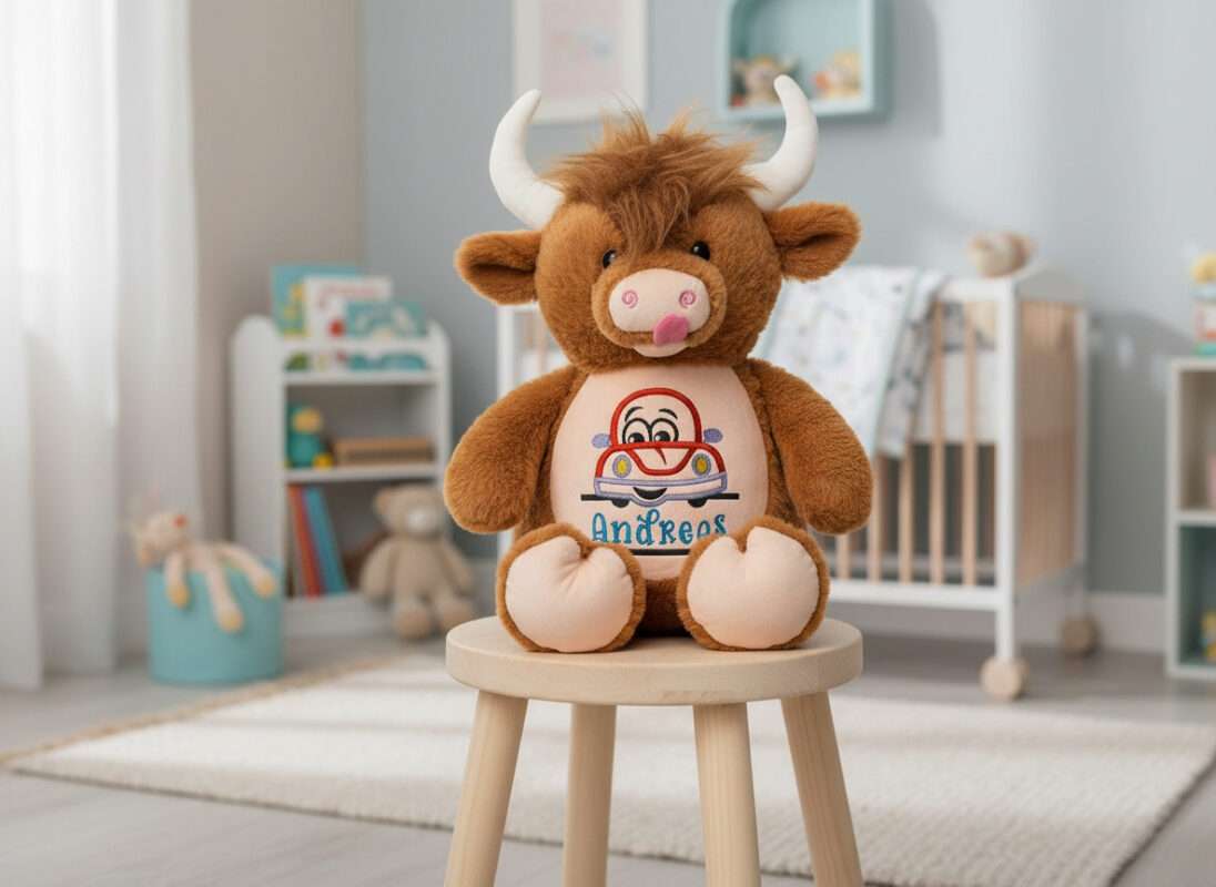Highland cow bamse med navn og bil brodert på magen. Bamsen med navn sitter på en krakk i et barnerom.