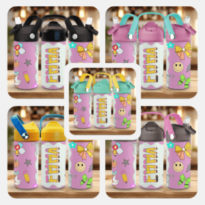 Drikkeflaske til barn med navn og skolemotiv rosa