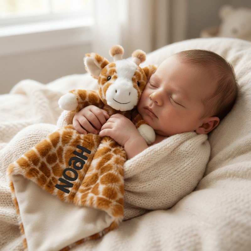 Koseklut sjiraff brodert med navn i armene på en baby som sover.