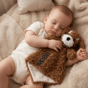 Koseklut med navn laget som en hund ligger i armene til et lite barn. God og trygg koseklut.