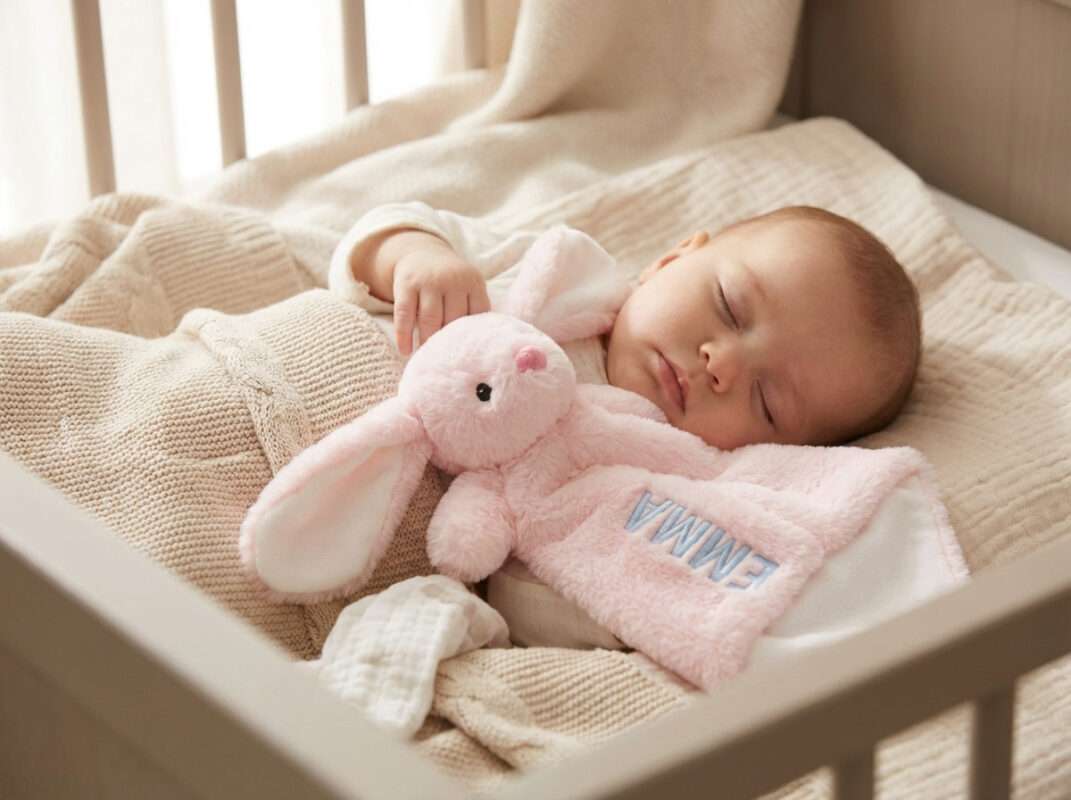 Rosa kanin Koseklut med navn i armene til en baby som sover.