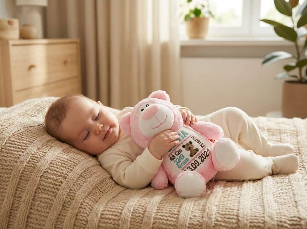 En rosa bamse med navn og dato ligger i armene til et barn som sover.
