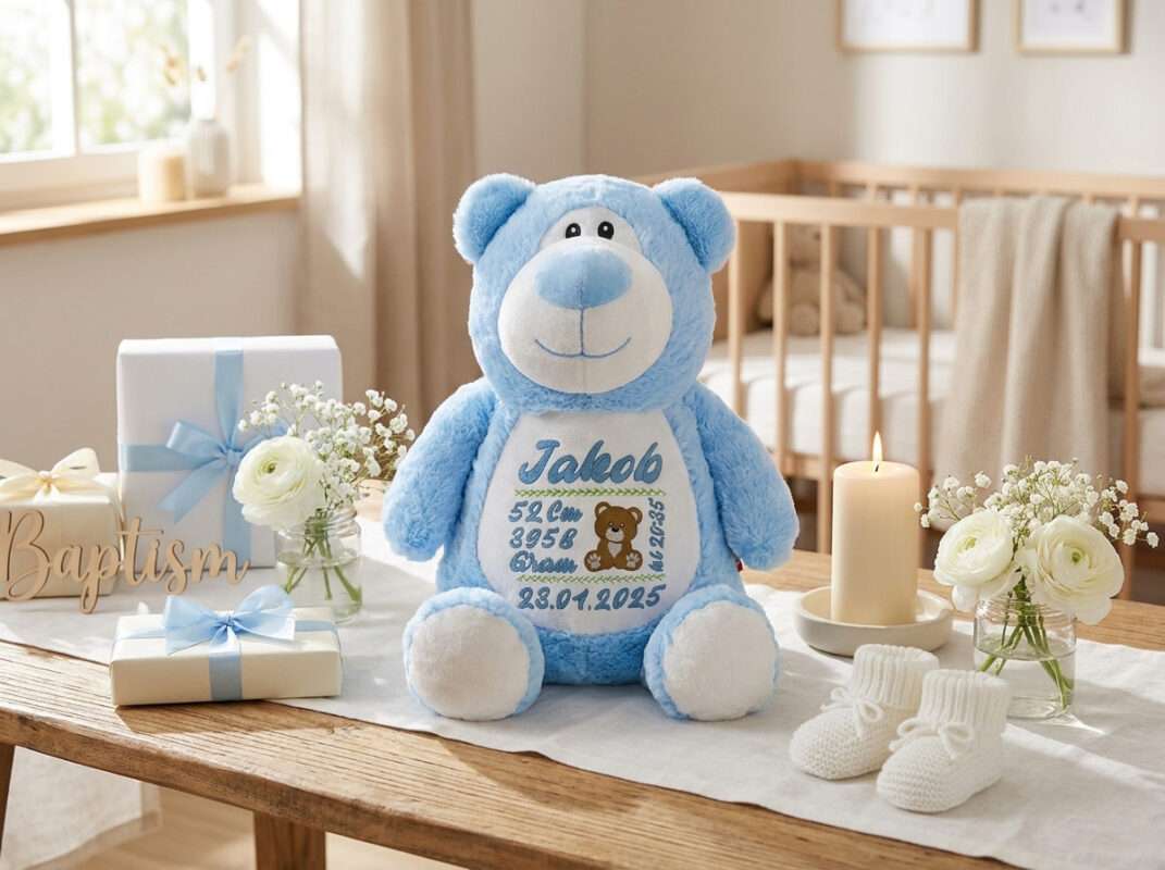 Bamse med navn sitter på gavebord gitt som dåpsgave.
