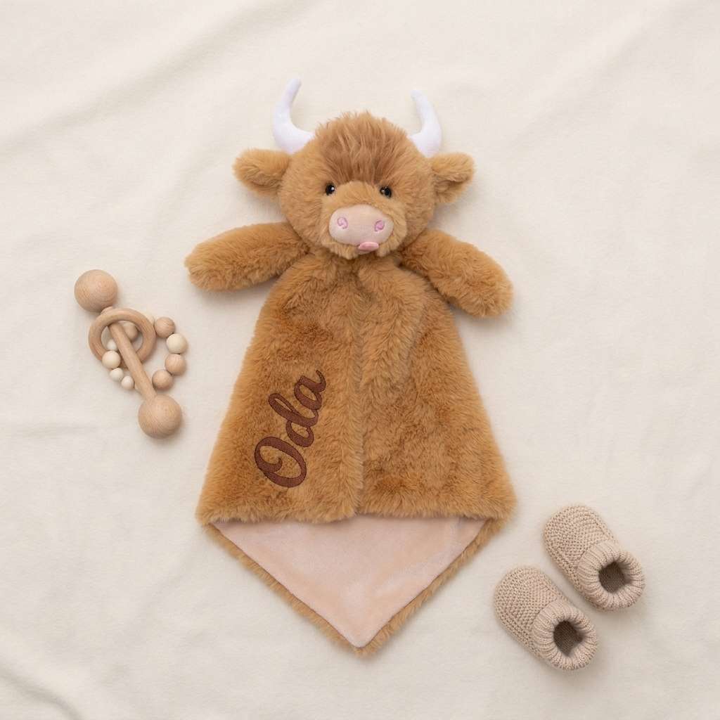 Highland cow koseklut med brodert navn. Barselgave eller babygave.